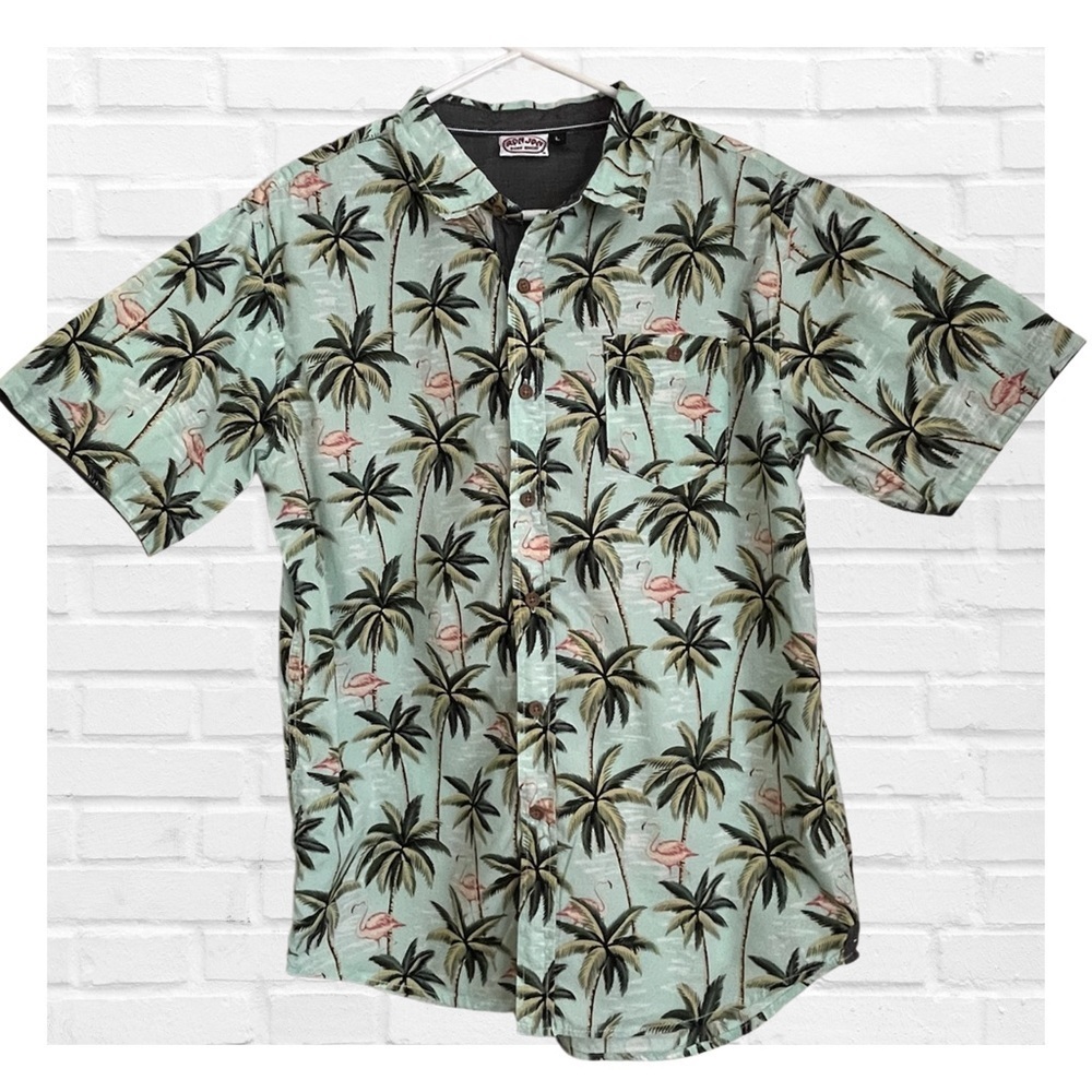 Ron Jon Sz Lg Pink Flamingo Hawaiian Men's Shirt Resortwear Beach Cabana Shirt